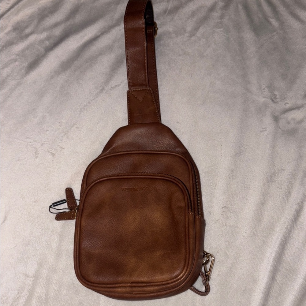 Brown Faux Leather Belt Bag with Classic Design and Gold Hardware‎